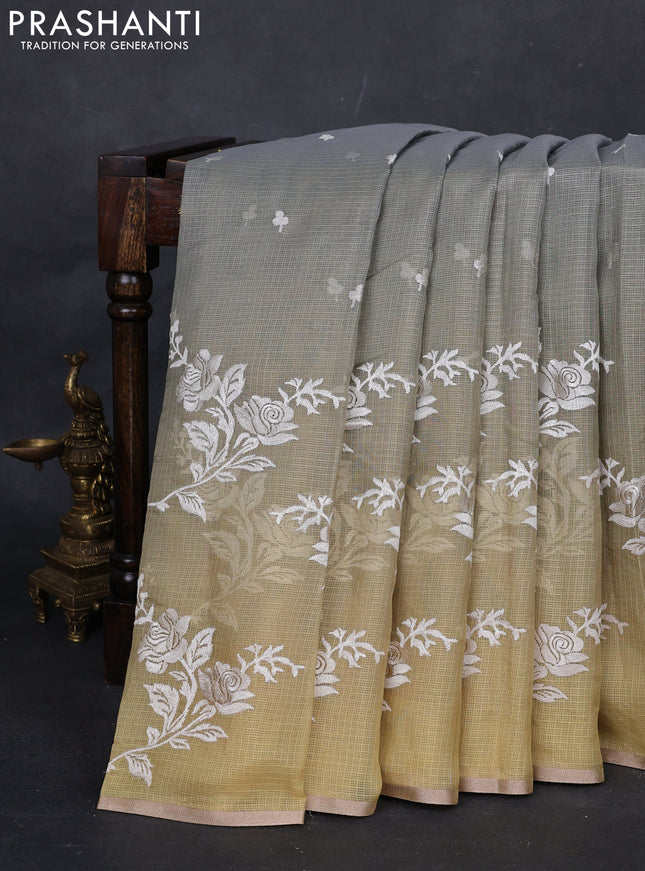 Grey & Yellow Ombre Kota Embroidery Saree - Printed Blouse