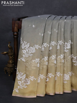 Grey & Yellow Ombre Kota Embroidery Saree - Printed Blouse