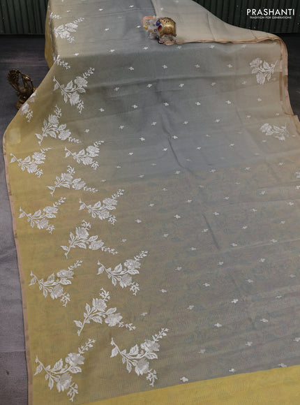 Grey & Yellow Ombre Kota Embroidery Saree - Printed Blouse