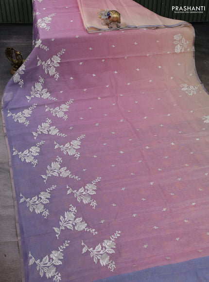Baby Pink & Lavender Ombre Kota Embroidery Saree - Printed Blouse