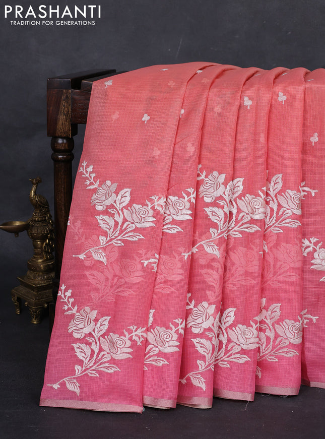 Peach Orange & Pink Ombre Kota Embroidery Saree - Printed Blouse