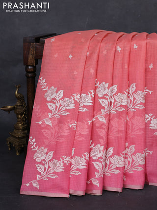 Peach Orange & Pink Ombre Kota Embroidery Saree - Printed Blouse