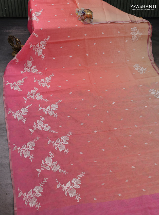 Peach Orange & Pink Ombre Kota Embroidery Saree - Printed Blouse