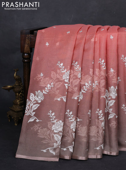 Peach Orange & Grey Ombre Kota Embroidery Saree - Printed Blouse