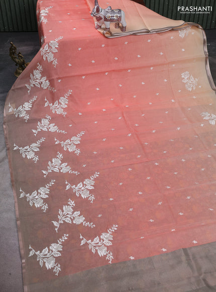Peach Orange & Grey Ombre Kota Embroidery Saree - Printed Blouse