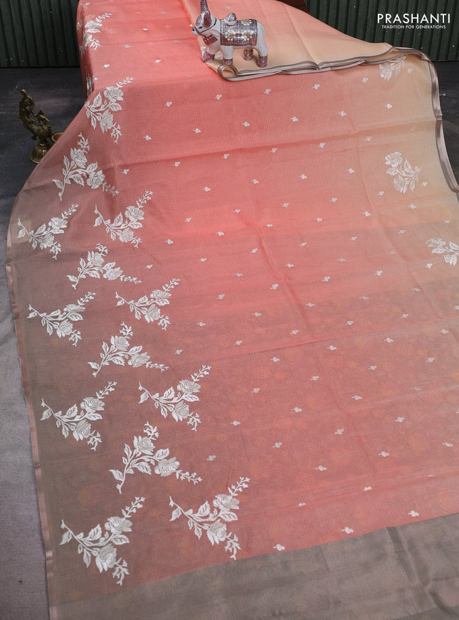 Peach Orange & Grey Ombre Kota Embroidery Saree - Printed Blouse