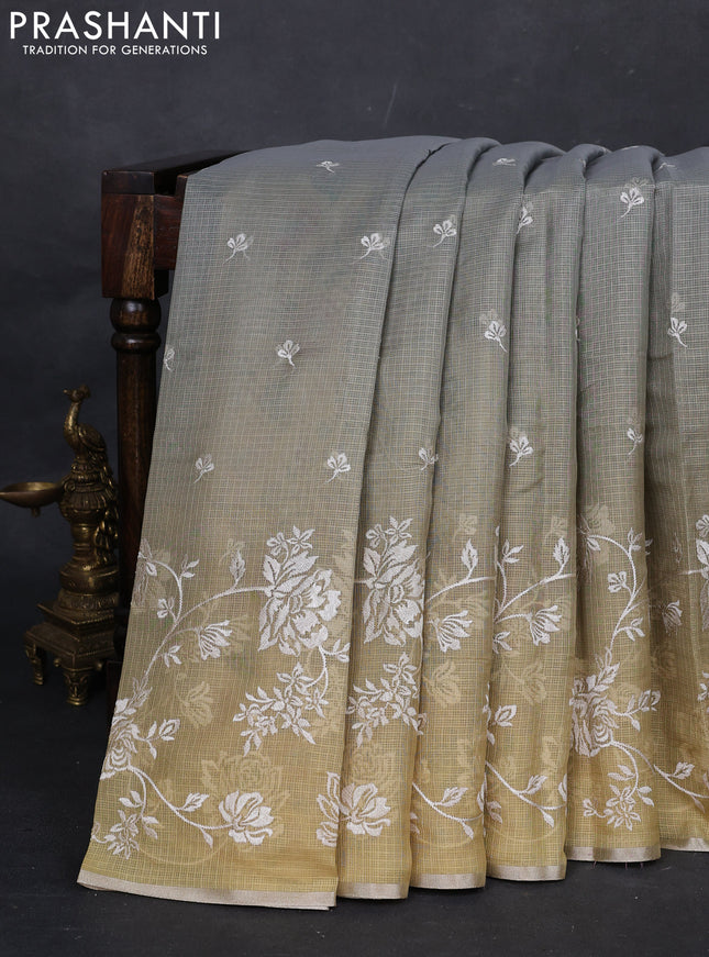 Grey & Yellow Ombre Kota Embroidery Saree - Printed Blouse