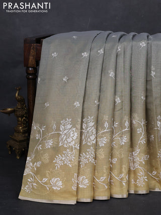 Grey & Yellow Ombre Kota Embroidery Saree - Printed Blouse
