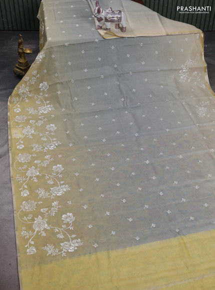 Grey & Yellow Ombre Kota Embroidery Saree - Printed Blouse