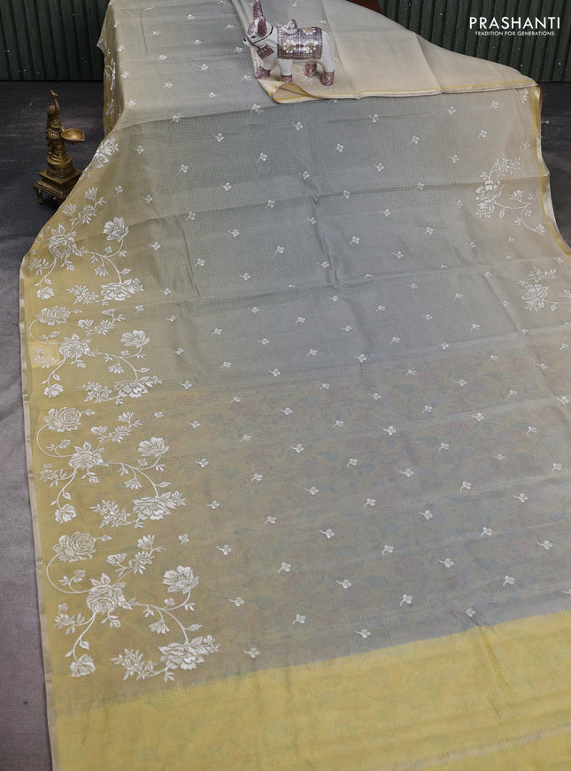Grey & Yellow Ombre Kota Embroidery Saree - Printed Blouse