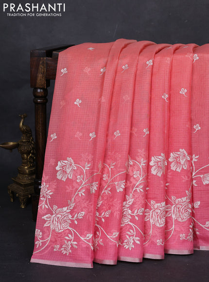 Peach Orange & Pink Ombre Kota Embroidery Saree - Printed Blouse