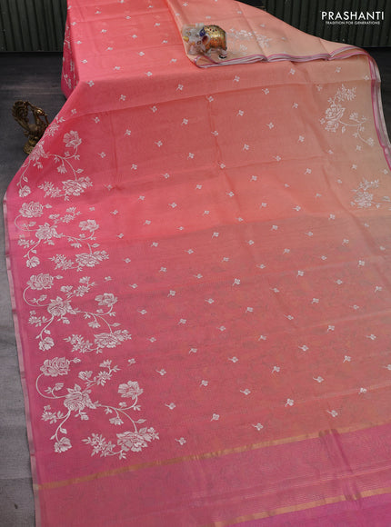 Peach Orange & Pink Ombre Kota Embroidery Saree - Printed Blouse