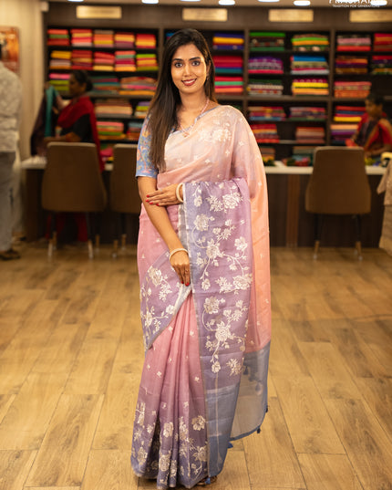 Baby Pink & Lavender Ombre Kota Embroidery Saree - Printed Blouse