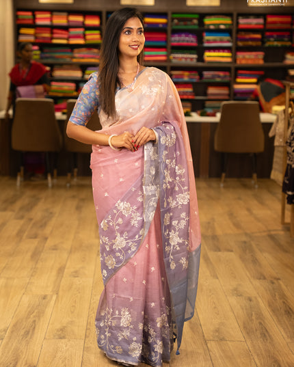 Baby Pink & Lavender Ombre Kota Embroidery Saree - Printed Blouse