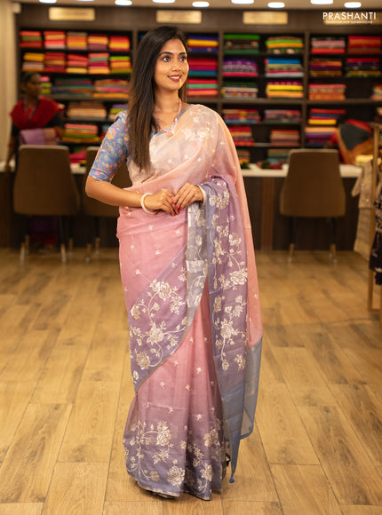 Baby Pink & Lavender Ombre Kota Embroidery Saree - Printed Blouse