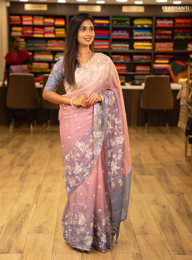 Baby Pink & Lavender Ombre Kota Embroidery Saree - Printed Blouse