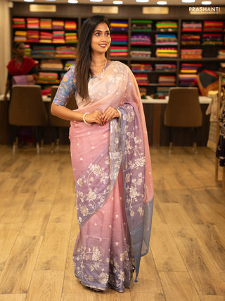 Baby Pink & Lavender Ombre Kota Embroidery Saree - Printed Blouse