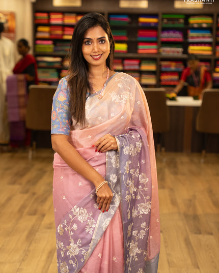 Baby Pink & Lavender Ombre Kota Embroidery Saree - Printed Blouse