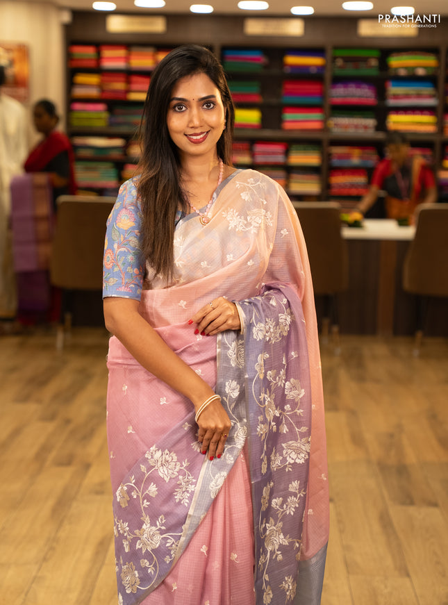 Baby Pink & Lavender Ombre Kota Embroidery Saree - Printed Blouse