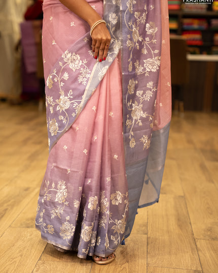 Baby Pink & Lavender Ombre Kota Embroidery Saree - Printed Blouse