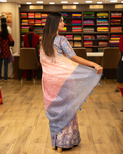 Baby Pink & Lavender Ombre Kota Embroidery Saree - Printed Blouse