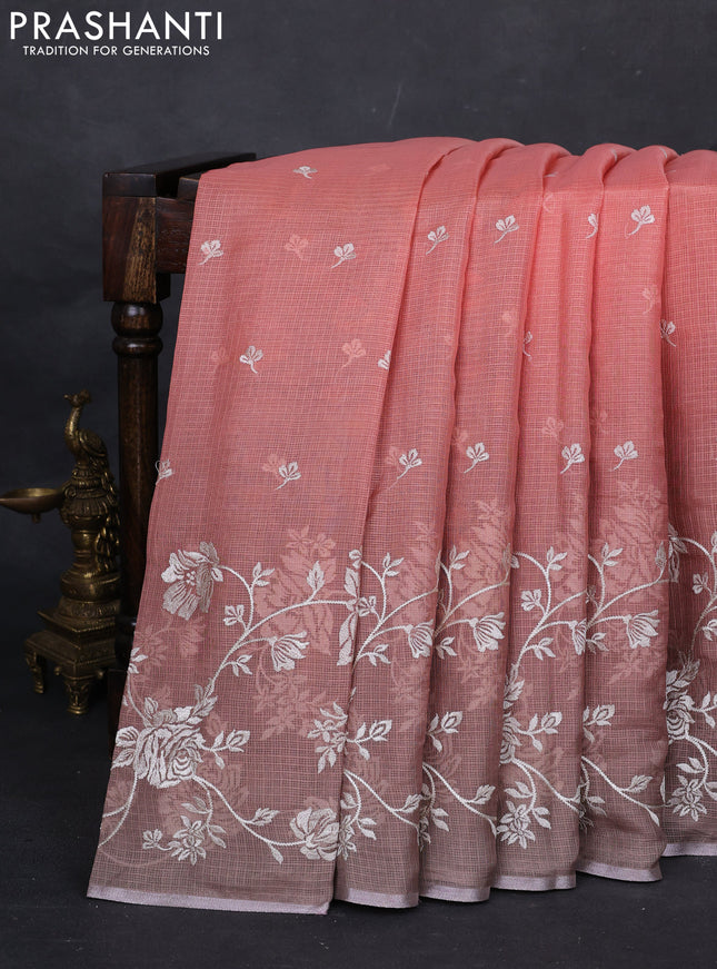 Peach Orange & Grey Ombre Kota Embroidery Saree - Printed Blouse