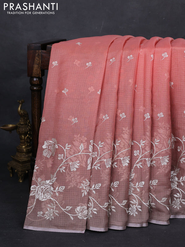 Peach Orange & Grey Ombre Kota Embroidery Saree - Printed Blouse