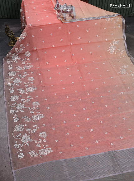 Peach Orange & Grey Ombre Kota Embroidery Saree - Printed Blouse