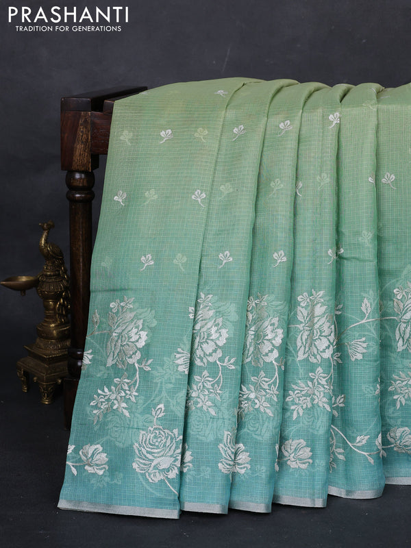 Pista Green & Teal Ombre Kota Embroidery Saree - Printed Blouse