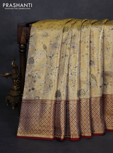 Yellow & Maroon Pure Kanchipuram Tissue Silk Saree