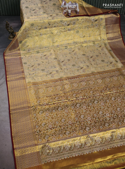 Yellow & Maroon Pure Kanchipuram Tissue Silk Saree