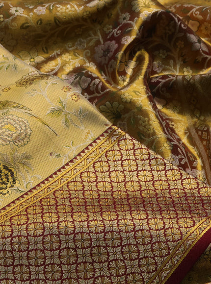 Yellow & Maroon Pure Kanchipuram Tissue Silk Saree