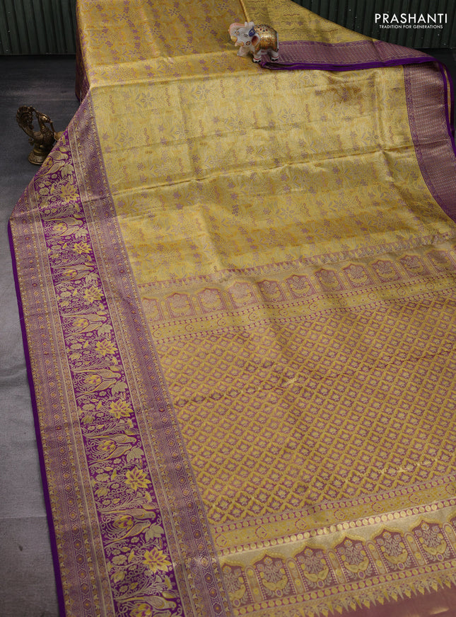 Yellow & Violet Pure Kanchipuram Tissue Silk Saree