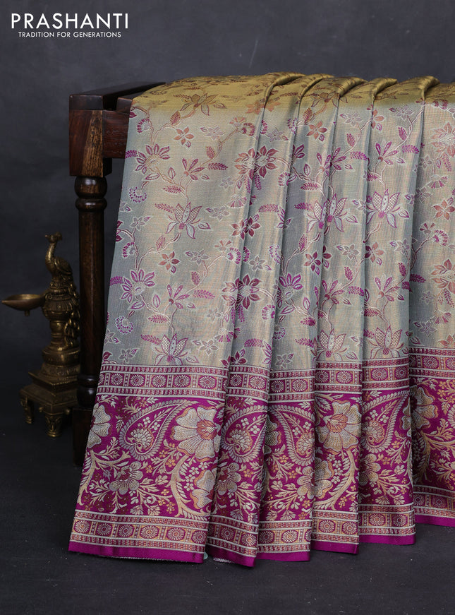 Pastel Blue & Magenta Pink Pure Kanchipuram Tissue Silk Saree