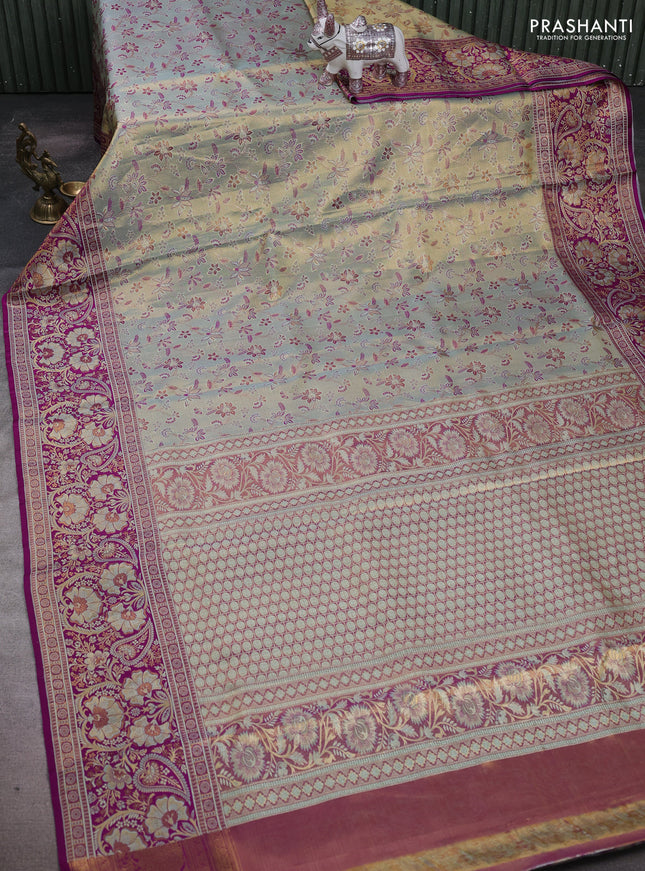 Pastel Blue & Magenta Pink Pure Kanchipuram Tissue Silk Saree