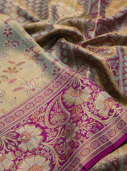 Pastel Blue & Magenta Pink Pure Kanchipuram Tissue Silk Saree