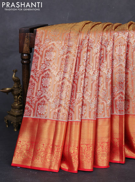 Golden Orange & Red Pure Kanchipuram Tissue Silk Saree