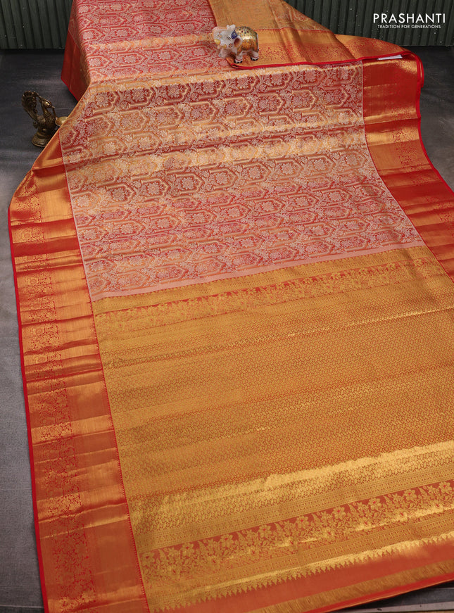 Golden Orange & Red Pure Kanchipuram Tissue Silk Saree