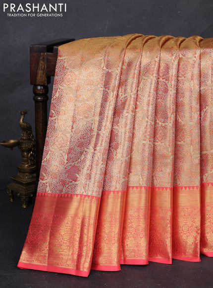 Gold & Peach Orange Pure Kanchipuram Tissue Silk Saree