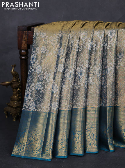 Gold & Peacock Blue Pure Kanchipuram Tissue Silk Saree