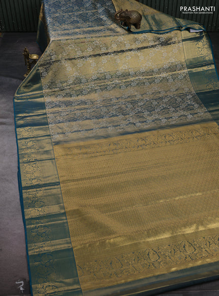 Gold & Peacock Blue Pure Kanchipuram Tissue Silk Saree