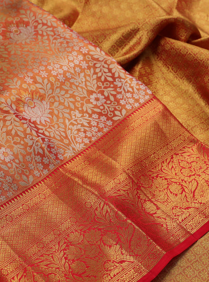 Golden Orange & Red Pure Kanchipuram Tissue Silk Saree