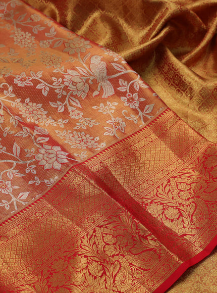 Gold  & Orange Pure Kanchipuram Tissue Silk Saree