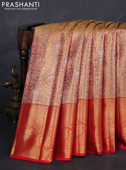 Golden Orange & Red Pure Kanchipuram Tissue Silk Saree