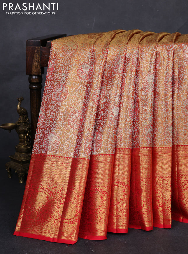 Golden Orange & Red Pure Kanchipuram Tissue Silk Saree