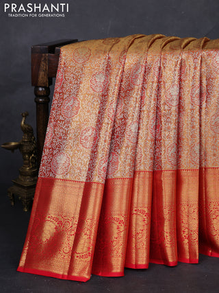Golden Orange & Red Pure Kanchipuram Tissue Silk Saree