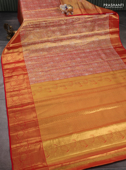 Golden Orange & Red Pure Kanchipuram Tissue Silk Saree