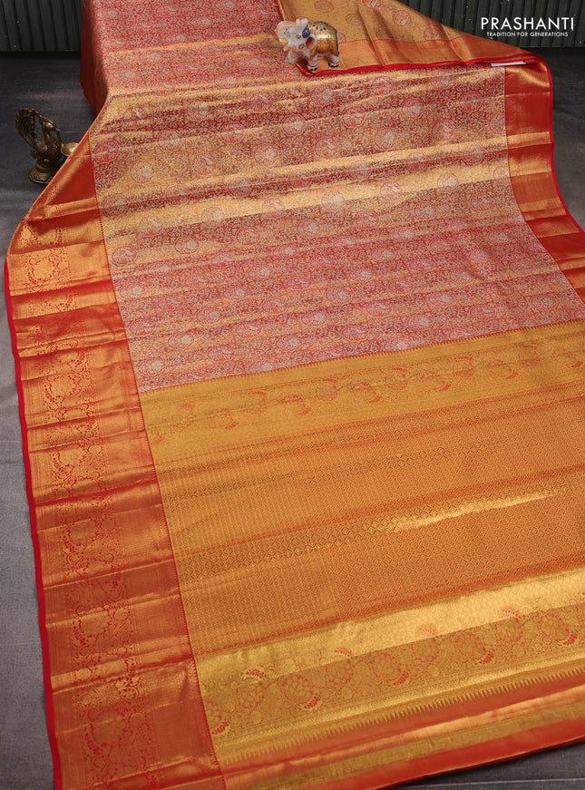 Golden Orange & Red Pure Kanchipuram Tissue Silk Saree