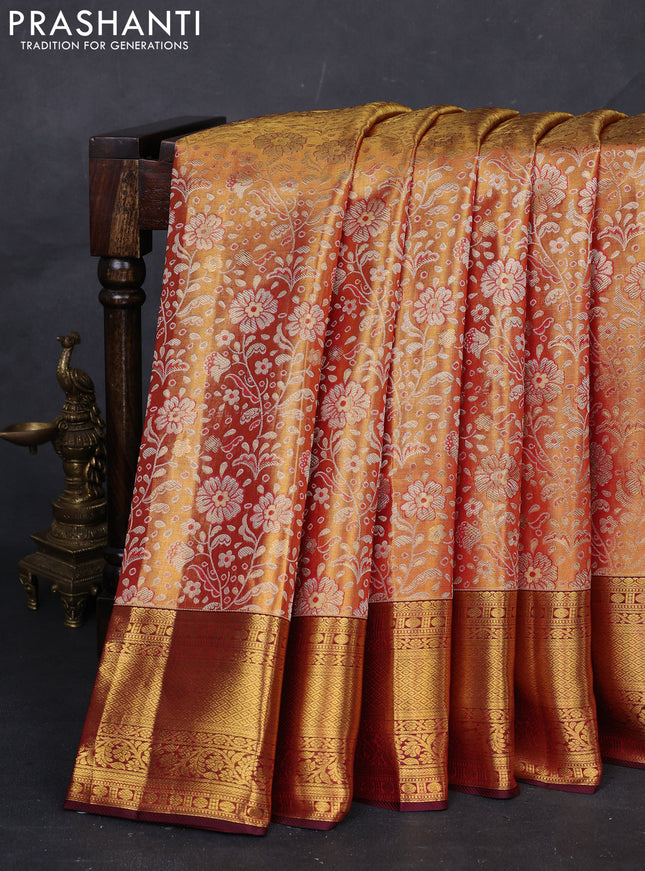 Golden Orange & Maroon Pure Kanchipuram Tissue Silk Saree