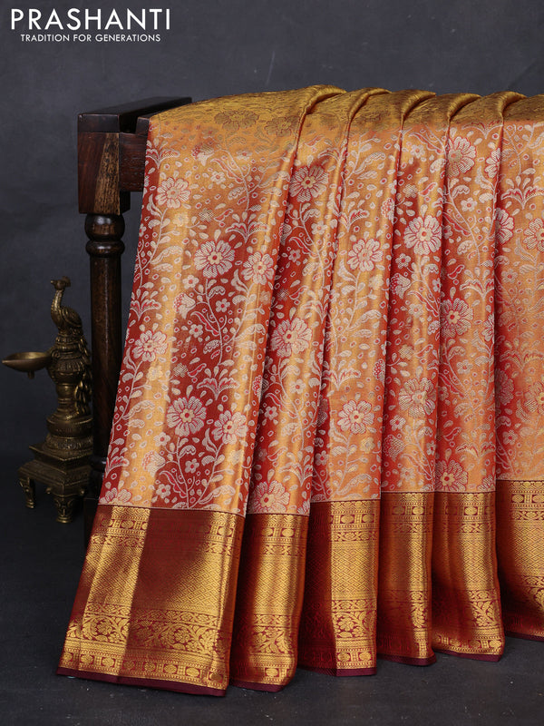 Golden Orange & Maroon Pure Kanchipuram Tissue Silk Saree